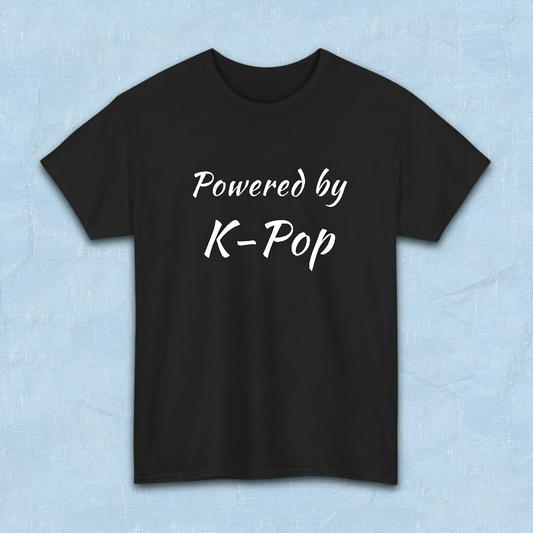 Powered by K-pop apparel for Kfans black t-shirt flatlay by Kjota