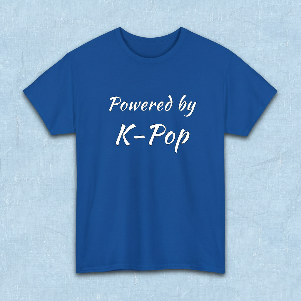 Powered by K-pop apparel for Kfans blue t-shirt flatlay by Kjota
