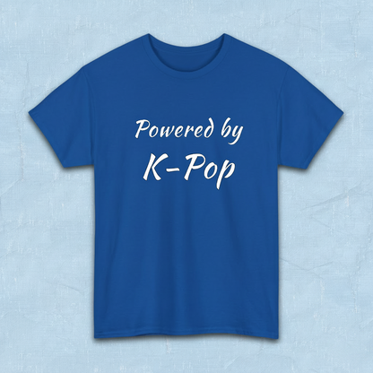 Powered by K-pop apparel for Kfans blue t-shirt flatlay by Kjota