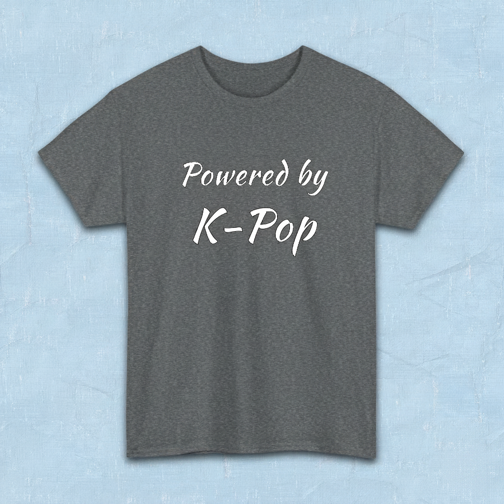 Powered by K-pop apparel for Kfans gray t-shirt flatlay by Kjota