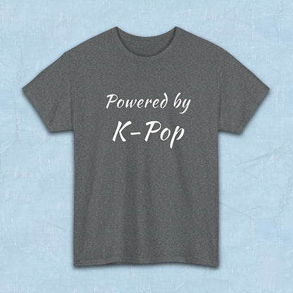 Powered by K-pop apparel for Kfans gray t-shirt flatlay by Kjota