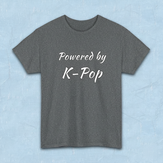 Powered by K-pop apparel for Kfans gray t-shirt flatlay by Kjota