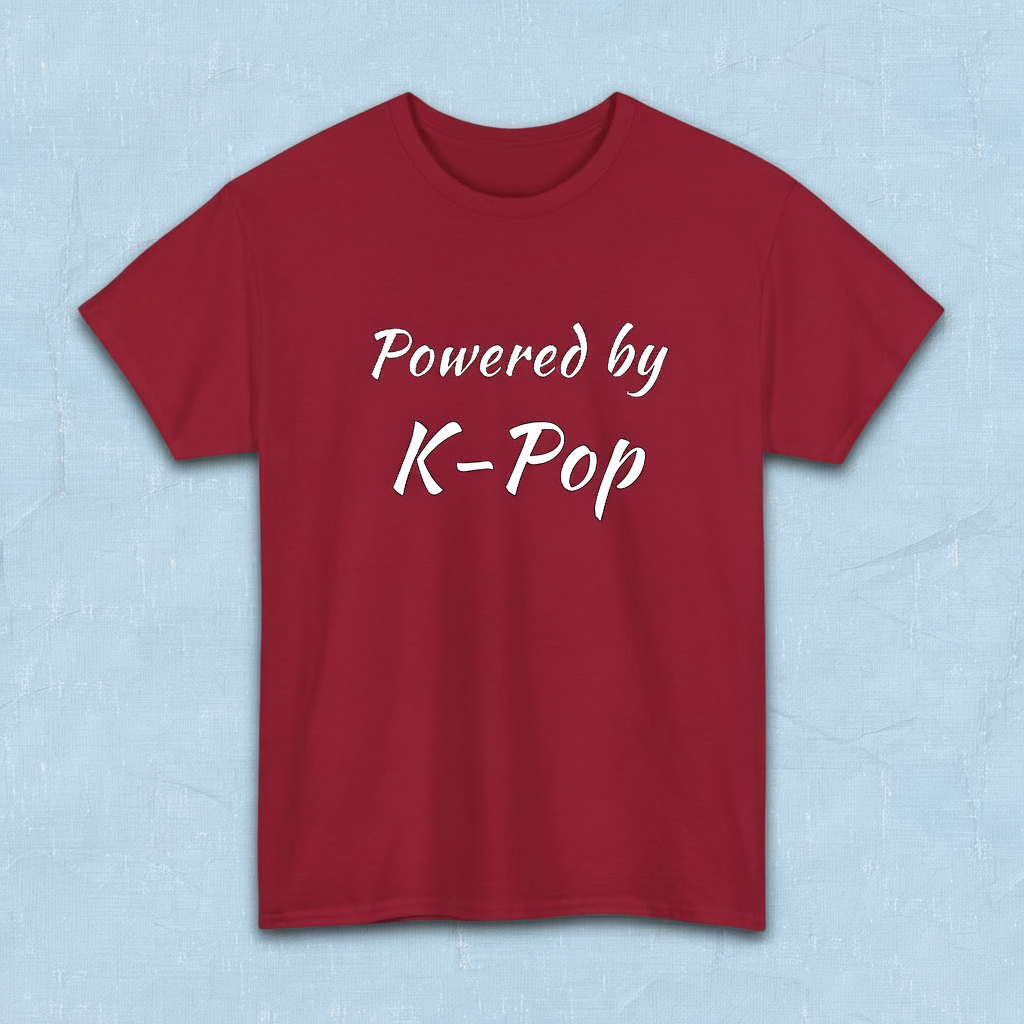 Powered by K-pop apparel for Kfans red t-shirt flatlay by Kjota