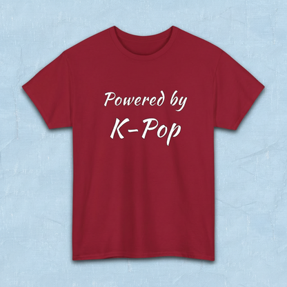 Powered by K-pop apparel for Kfans red t-shirt flatlay by Kjota