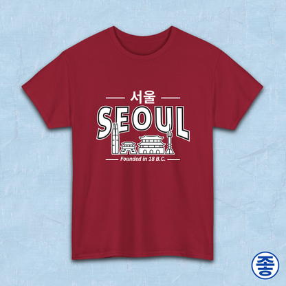 Seoul Korea founded in 18 BC travel Korean city skyline line art red travel t-shirt by Kjota