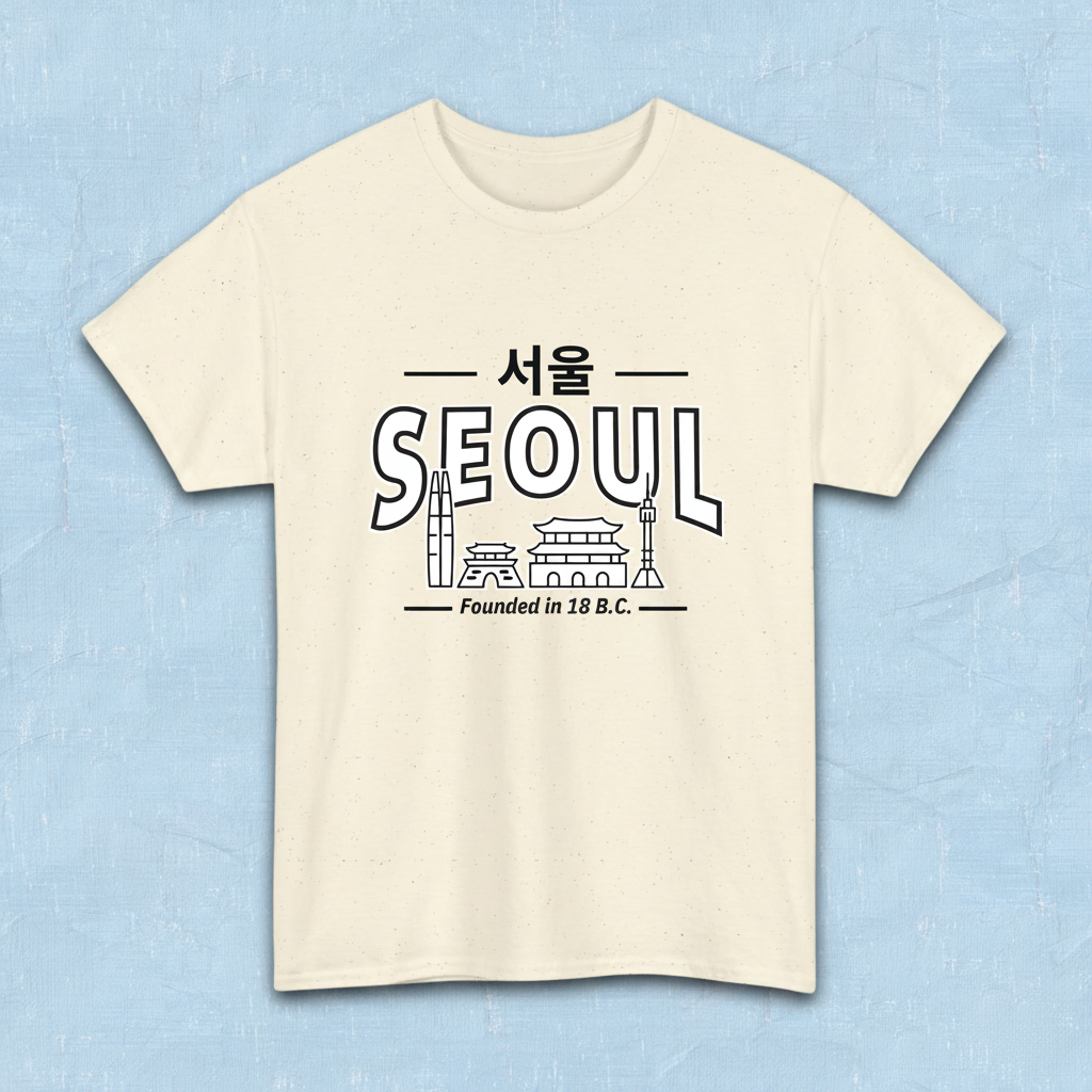 Seoul Korea founded in 18 BC travel Korean city skyline line art travel t-shirt beige flatlay by K-Jota