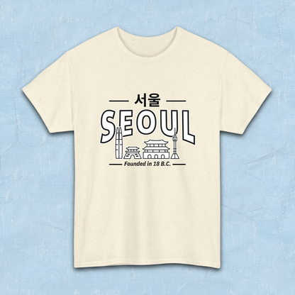 Seoul Korea founded in 18 BC travel Korean city skyline line art travel t-shirt beige flatlay by K-Jota