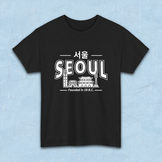 Seoul Korea founded in 18 BC travel Korean city skyline line art travel t-shirt black flatlay by K-Jota