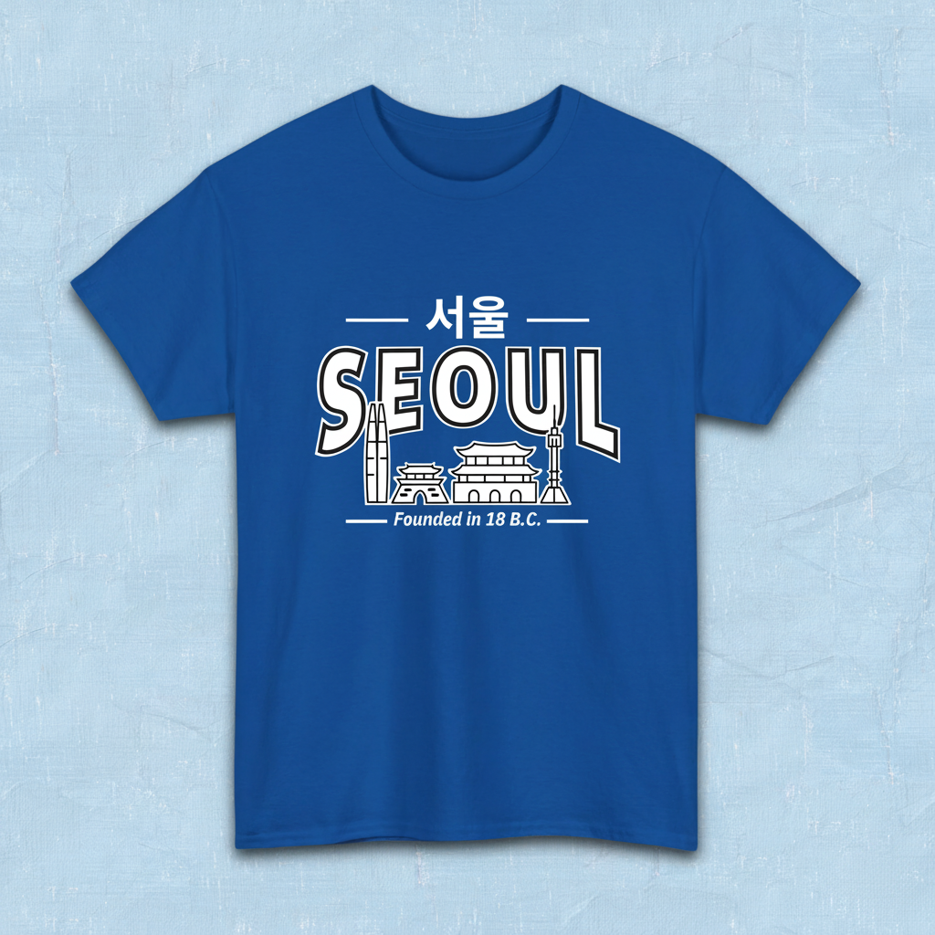 Seoul Korea founded in 18 BC travel Korean city skyline line art travel t-shirt blue flatlay by K-Jota