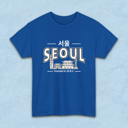 Seoul Korea founded in 18 BC travel Korean city skyline line art travel t-shirt blue flatlay by K-Jota