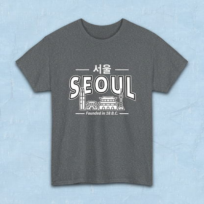 Seoul Korea founded in 18 BC travel Korean city skyline line art travel t-shirt gray flatlay by K-Jota