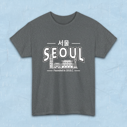 Seoul Korea founded in 18 BC travel Korean city skyline line art travel t-shirt gray flatlay by K-Jota