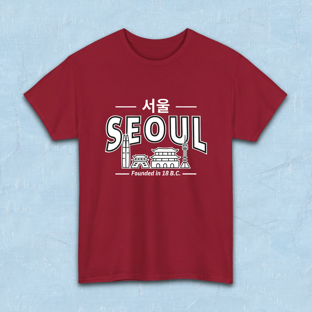 Seoul Korea founded in 18 BC travel Korean city skyline line art travel t-shirt red flatlay by K-Jota