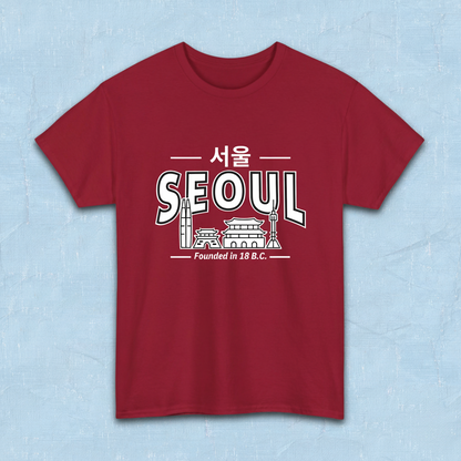Seoul Korea founded in 18 BC travel Korean city skyline line art travel t-shirt red flatlay by K-Jota