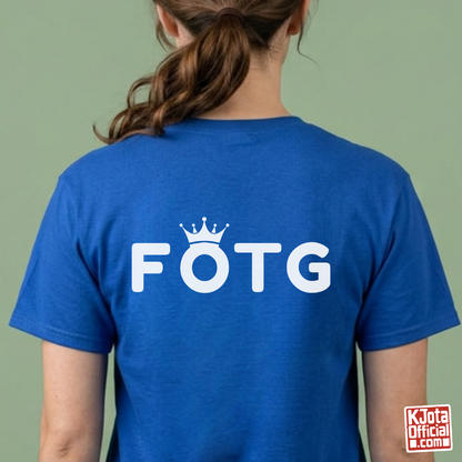 Back of a woman wearing FOTG Face of the Group K-Pop idol group member role bias t-shirt blue by K-Jota