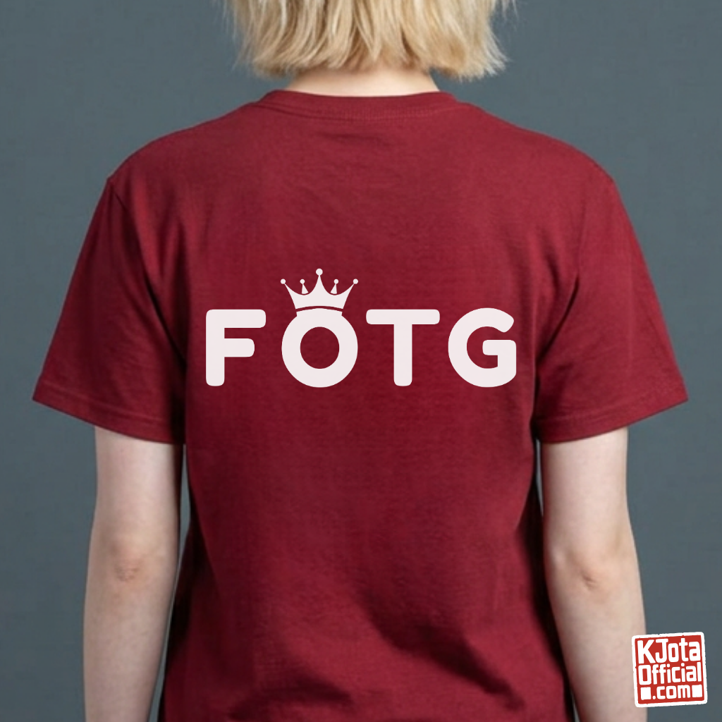 Back of a woman wearing FOTG Face of the Group K-Pop idol group member role bias t-shirt red by K-Jota