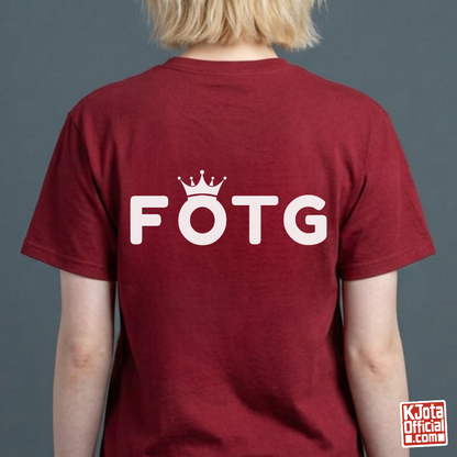 Back of a woman wearing FOTG Face of the Group K-Pop idol group member role bias t-shirt red by K-Jota