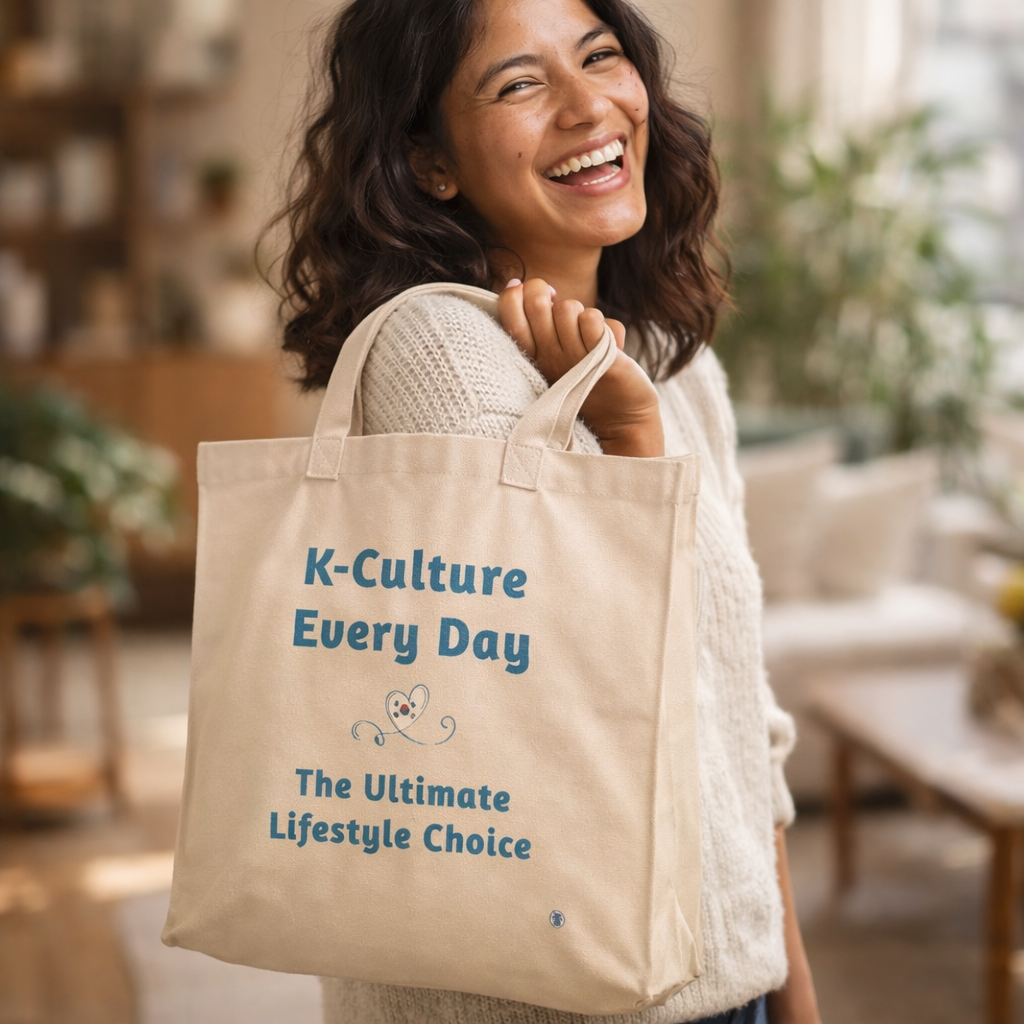 woman holding “K-culture every day the ultimate lifestyle choice” Korean Wave Hallyu 한류 fandom beige canvas tote bag by Kjota