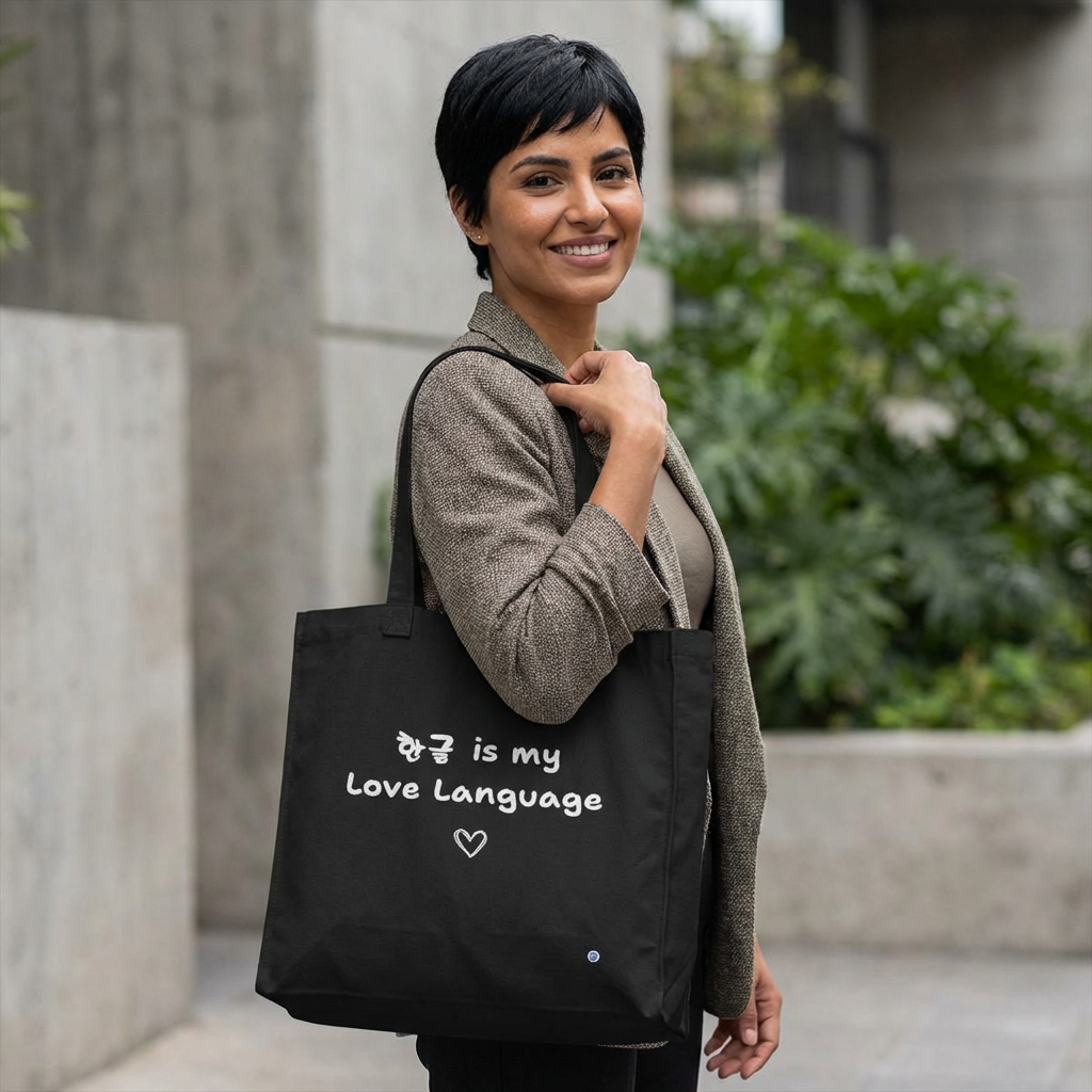 woman holding Hangeul 한글 is my love language Korean language fan black canvas tote bag by Kjota