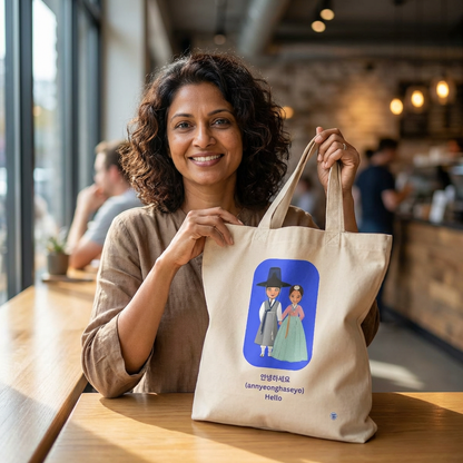 woman holding "Hello annyeonghaseyo" Korean greeting in Hangeul on beige canvas tote bag by Kjota