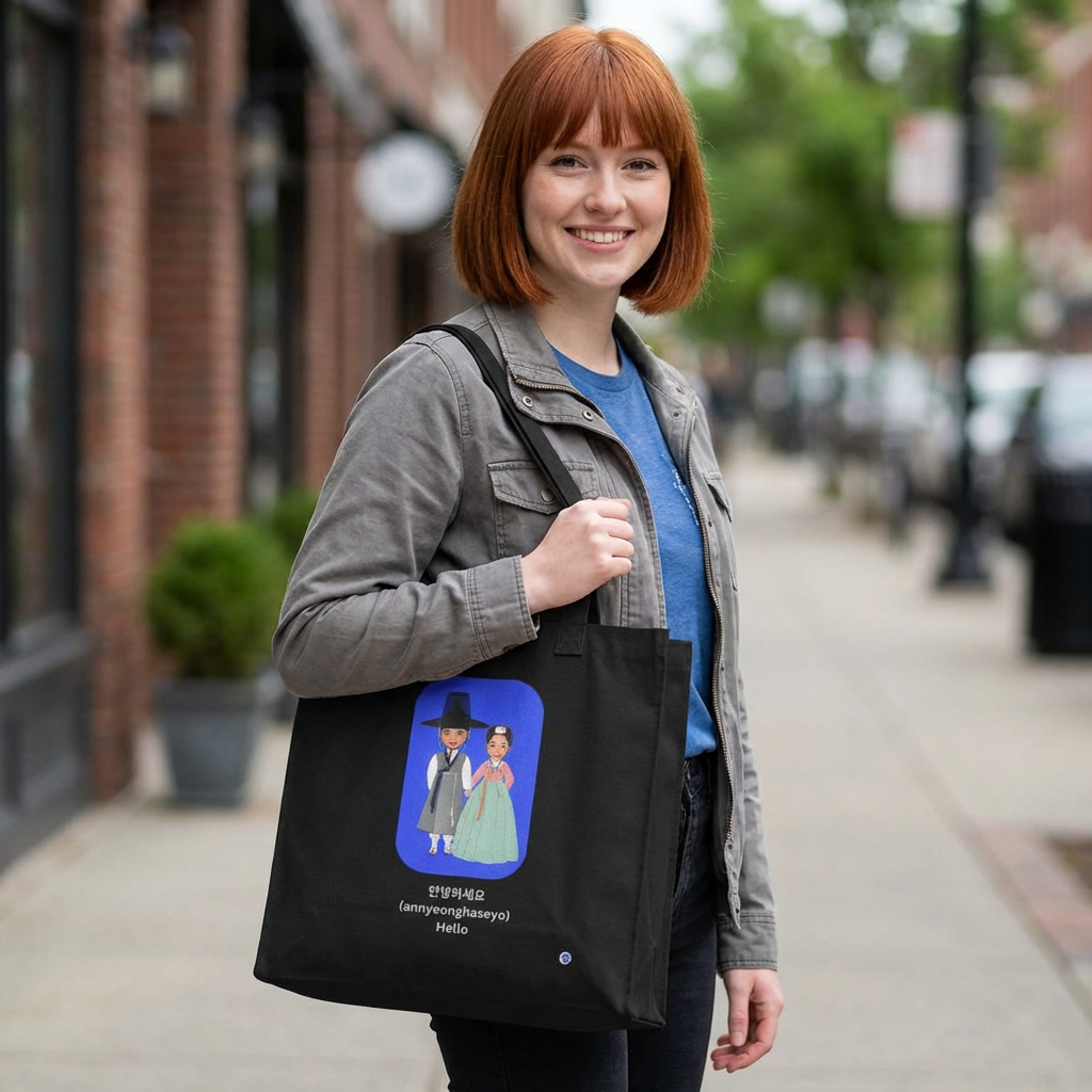 woman holding "Hello annyeonghaseyo" Korean greeting in Hangeul on black canvas tote bag by Kjota