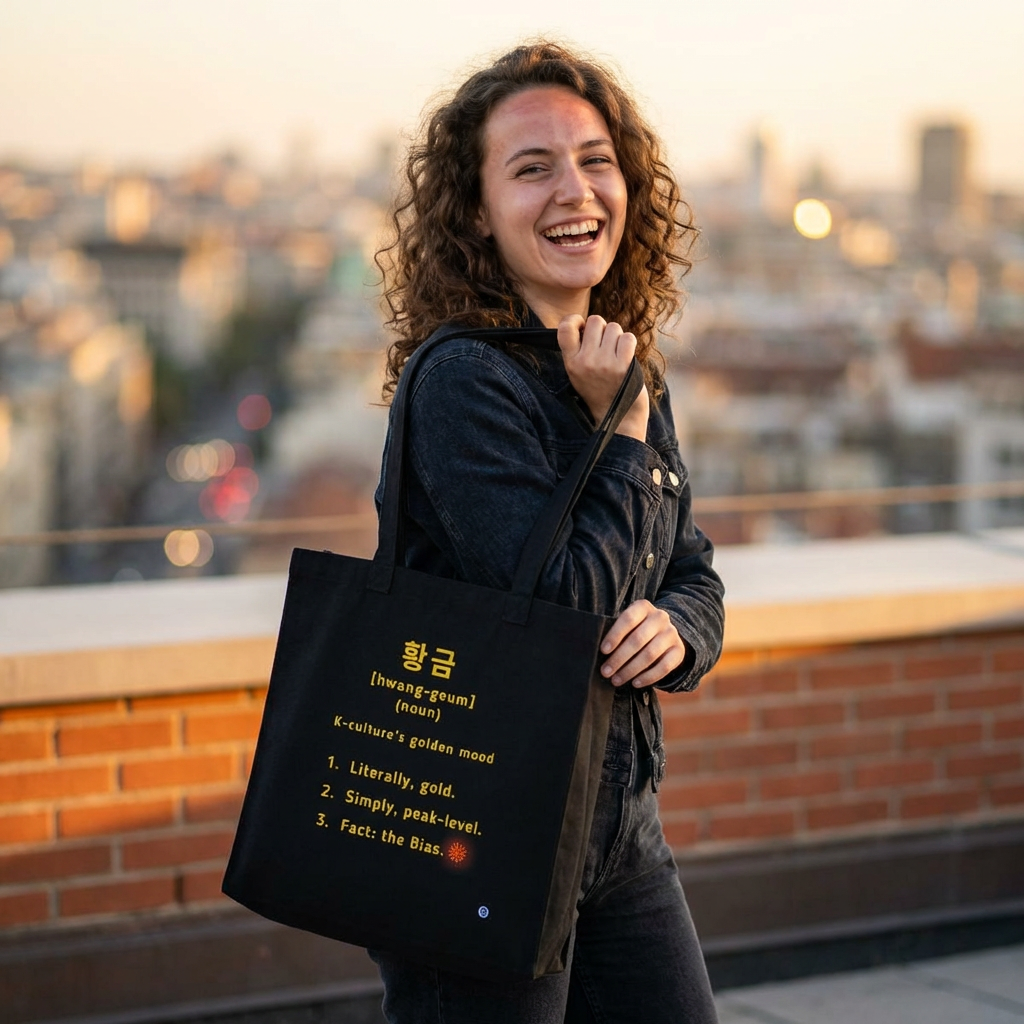 woman holding Hwanggeum Korean Hangeul word definition meaning gold or golden on black canvas tote bag by Kjota