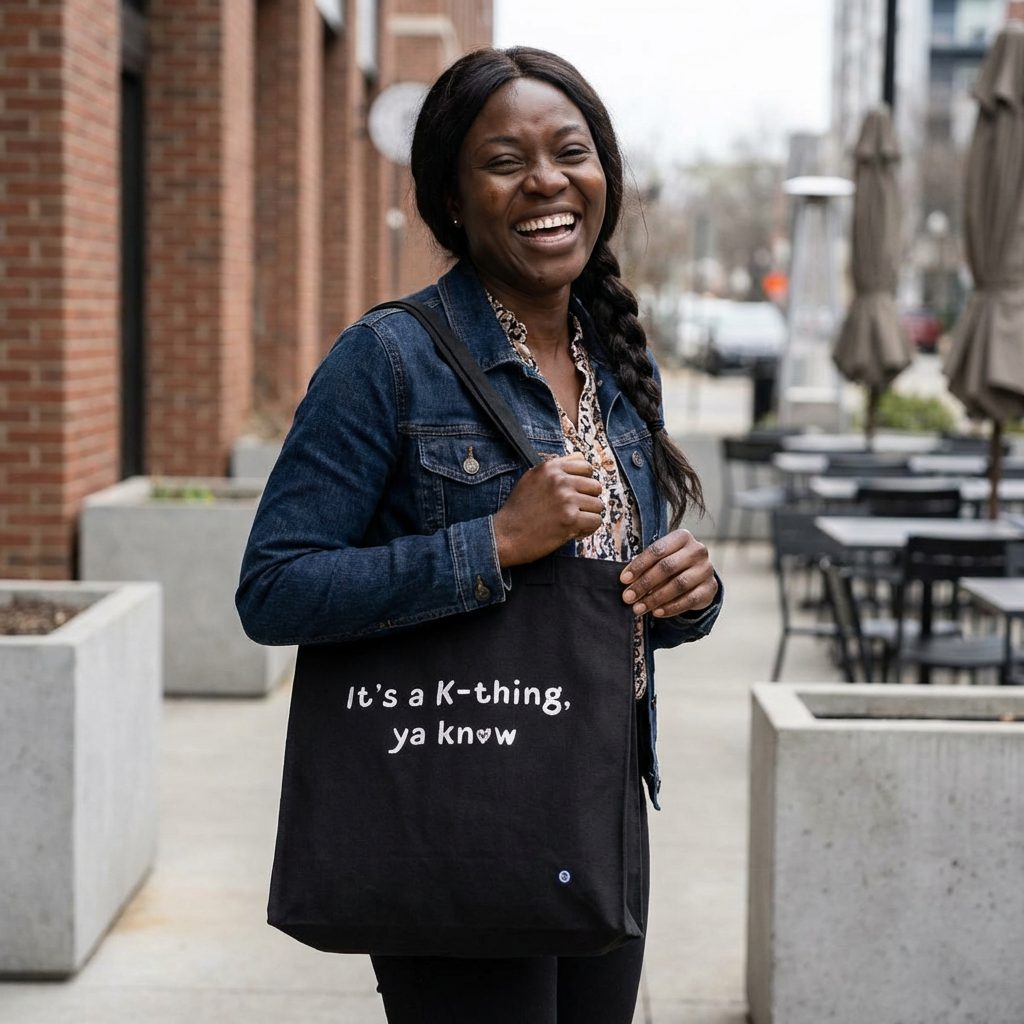woman holding “It’s a K-thing, Ya Know” Korean culture K-wave 한류 fan canvas tote bag black by Kjota