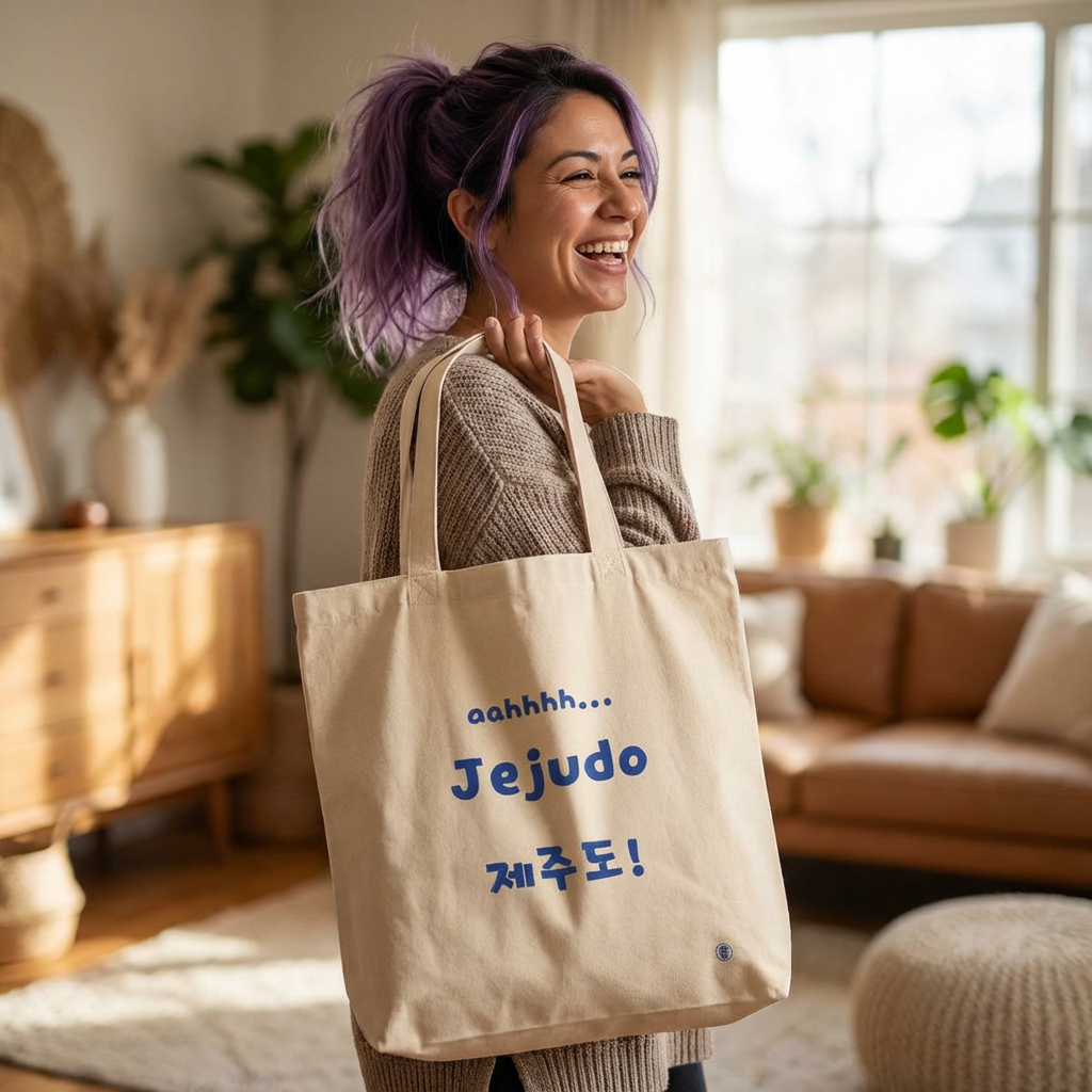 woman holding Jeju Island Korea travel 제주도 beige canvas tote bag by Kjota