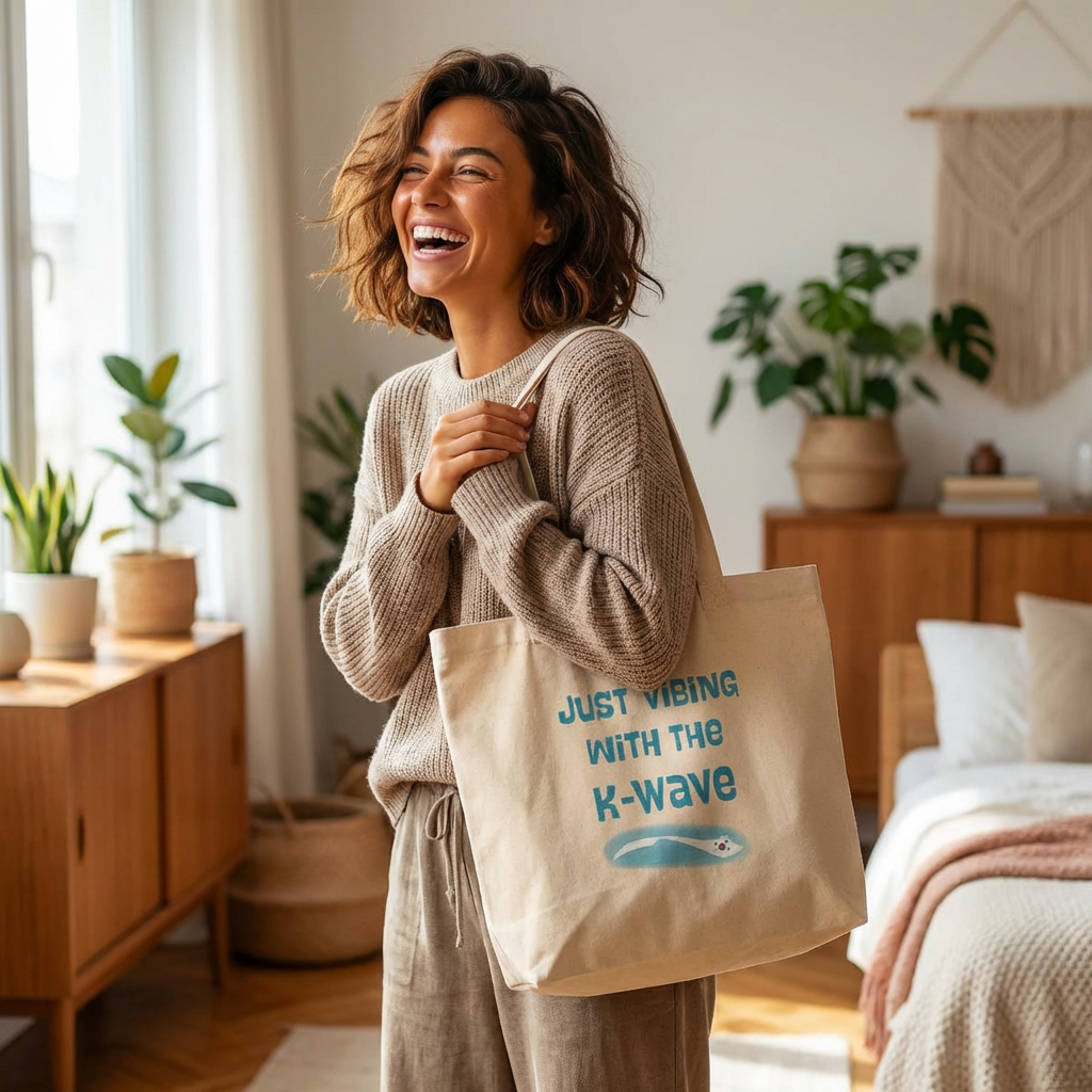 Just vibing with the K-Wave Korean pop culture hallyu fandom woman holding beige canvas tote bag by Kjota