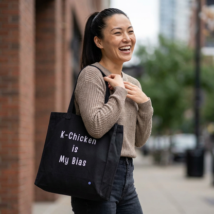 woman holding “K-chicken is my bias” Korean fried chicken fan black canvas tote bag by Kjota