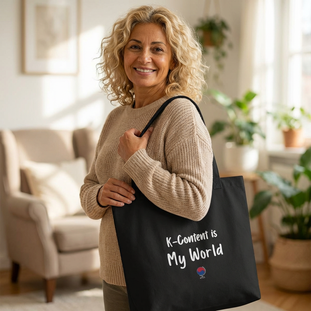 woman holding K-content is my world Korean entertainment Hallyu fan canvas tote bag black by Kjota