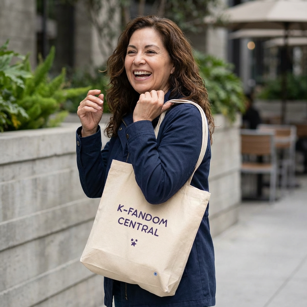 woman holding “K fandom central” Korean wave Hallyu culture fan canvas tote bag beige by Kjota