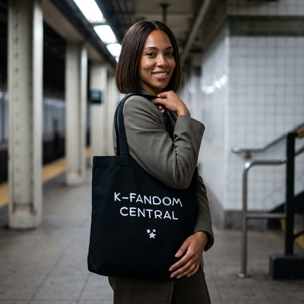 woman holding “K fandom central” Korean wave Hallyu culture fan canvas tote bag black by Kjota