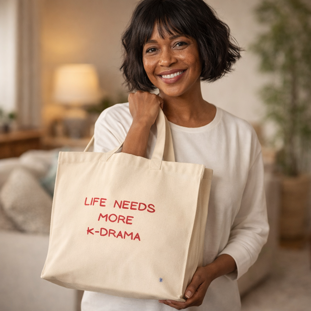 woman holding "Life needs more K-drama" Korean show fan canvas tote bag beige by Kjota