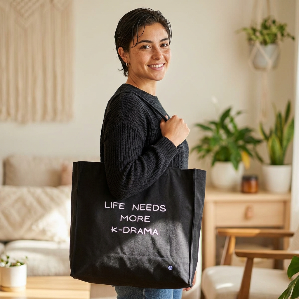 woman holding "Life needs more K-drama" Korean show fan canvas tote bag black by Kjota
