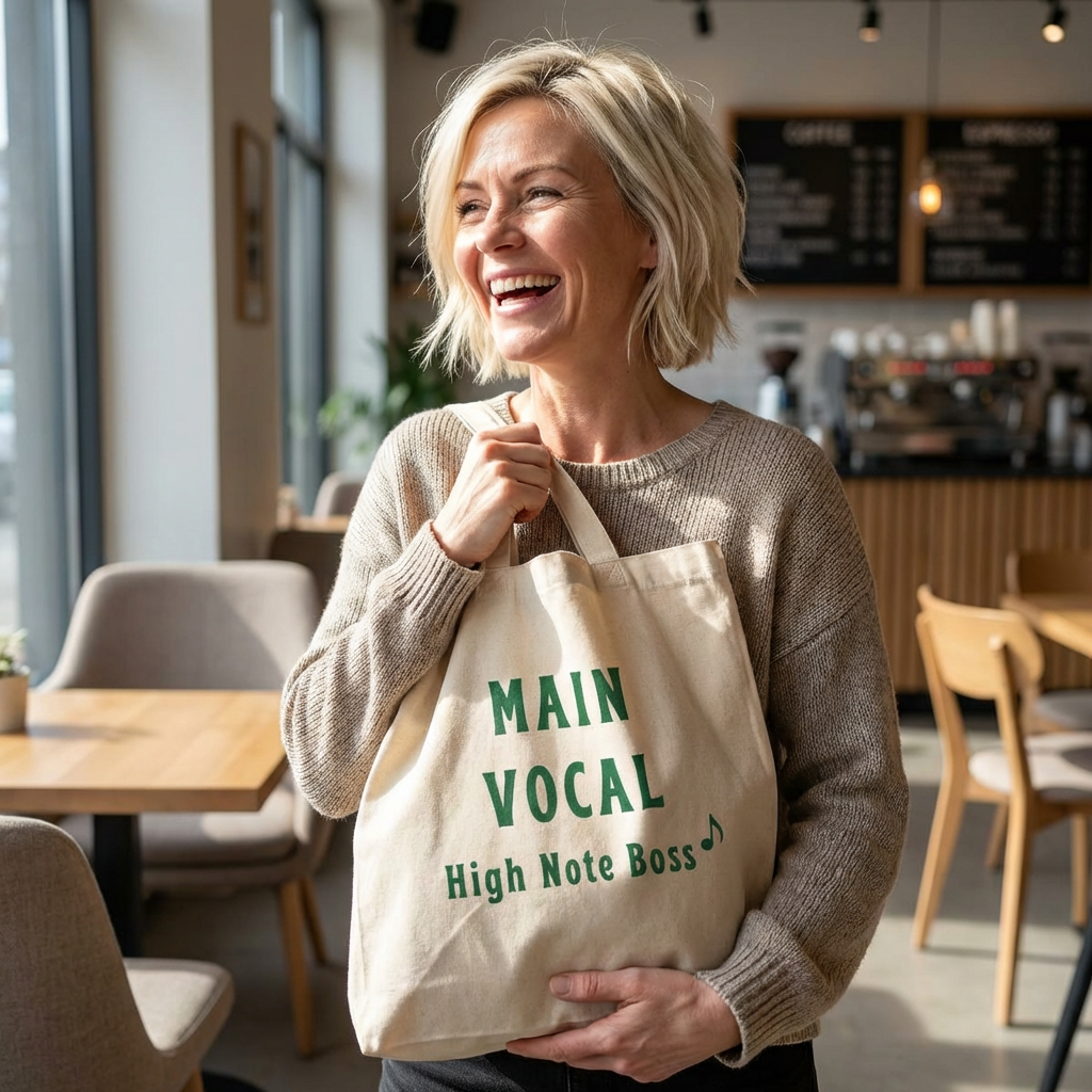 woman holding a Main Vocal high note K-pop fan beige canvas tote bag for photocard trading events  by Kjota