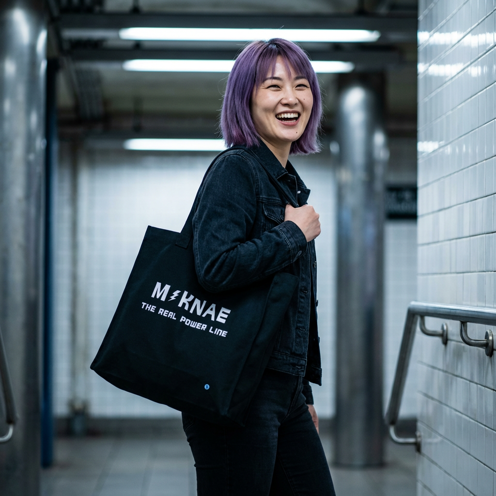 woman holding a Maknae K-pop fan black canvas tote bag for photocard trading events by Kjota