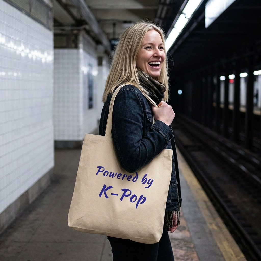 woman holding a Powered by K-pop beige canvas tote bag for photocard trading events by Kjota