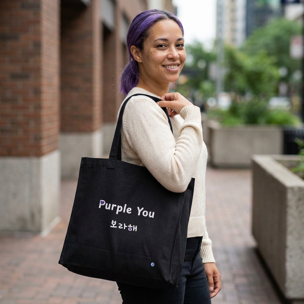 woman holding Purple You 보라해 Borahae BTS Taehyung V fan ARMY canvas tote bag black for photocard trading events by Kjota