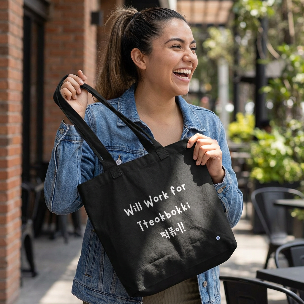 woman holding “will work for tteokbokki” Korean street food fan black canvas tote bag by Kjota