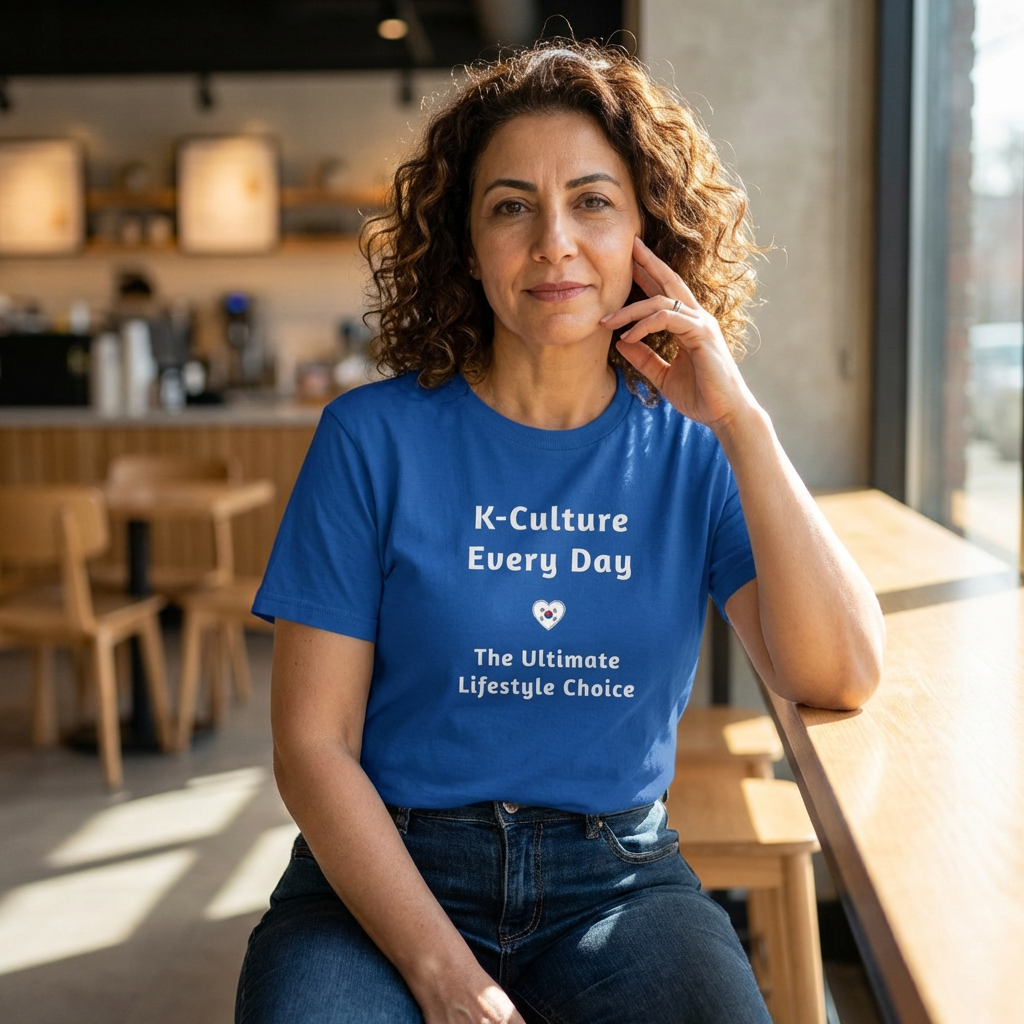 woman wearing K-culture every day the ultimate lifestyle choice Korean Wave Hallyu 한류 fandom blue t-shirt by Kjota