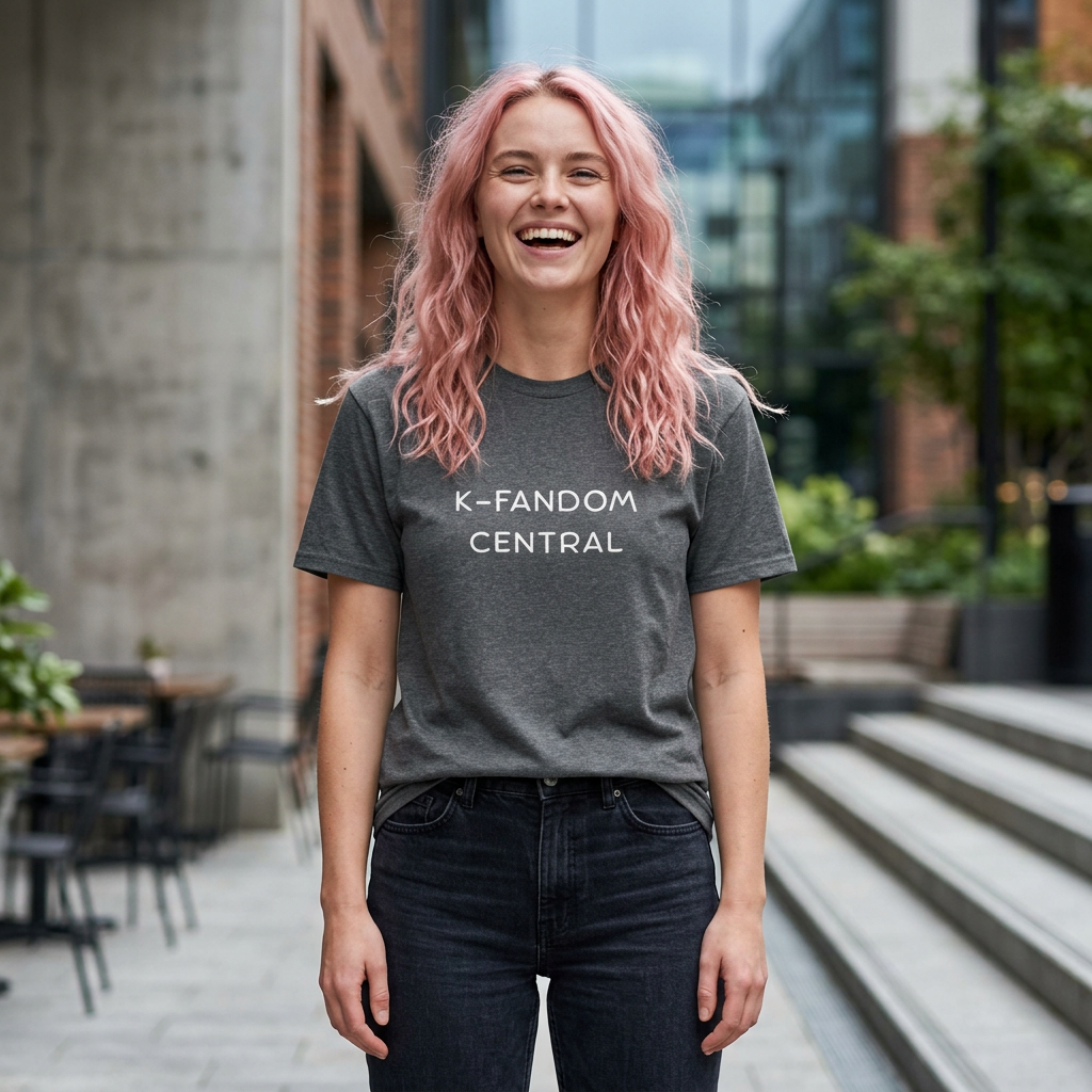 woman wearing “K fandom central” Korean wave Hallyu culture fan t-shirt gray by Kjota
