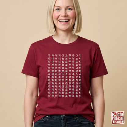woman wearing Hangeul 한글 Alphabet Chart red t-shirt featuring Korean consonants and vowels by K-Jota