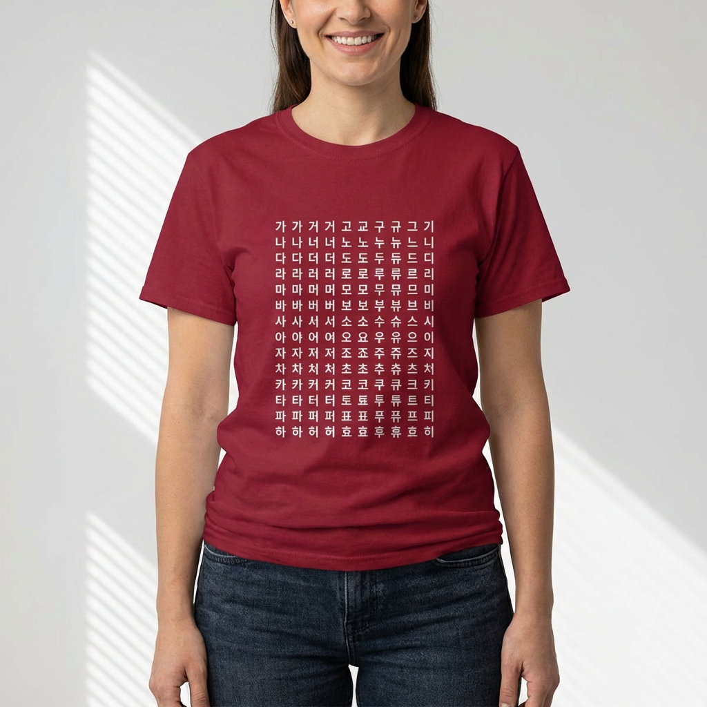 woman wearing Hangeul alphabet chart featuring Korean consonants and vowels on red t-shirt by Kjota