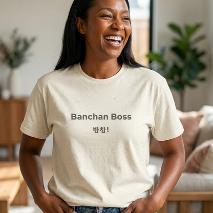 
woman wearing Banchan Boss Korean food side dishes fan t-shirt beige by K-Jota