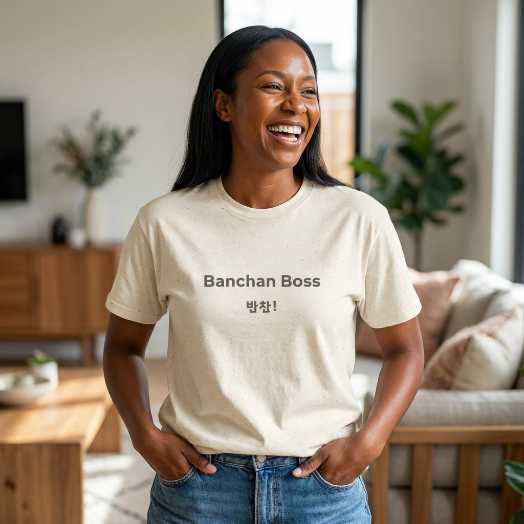 woman wearing Banchan Boss Korean food side dishes fan t-shirt beige by Kjota