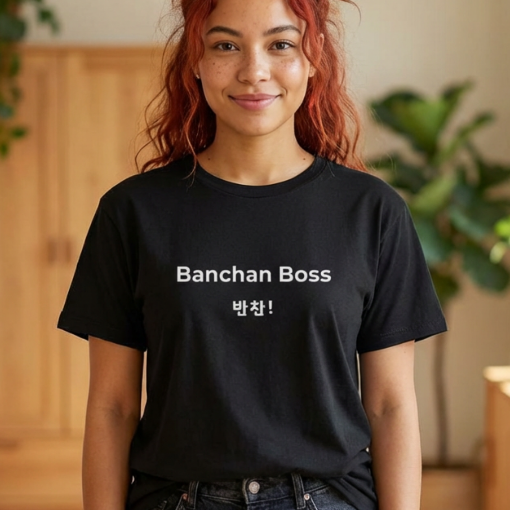 woman wearing Banchan Boss Korean food side dishes fan t-shirt black by K-Jota