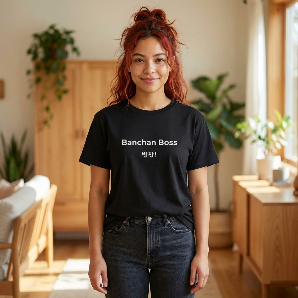 woman wearing Banchan Boss Korean food side dishes fan t-shirt black by Kjota