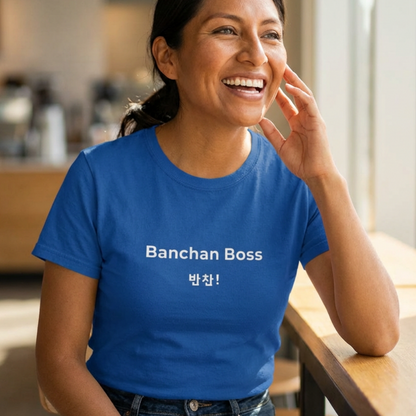 woman wearing Banchan Boss Korean food side dishes fan t-shirt blue by K-Jota