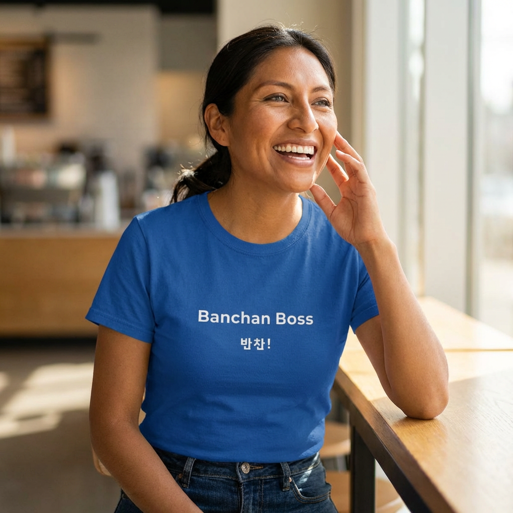woman wearing Banchan Boss Korean food side dishes fan t-shirt blue by Kjota